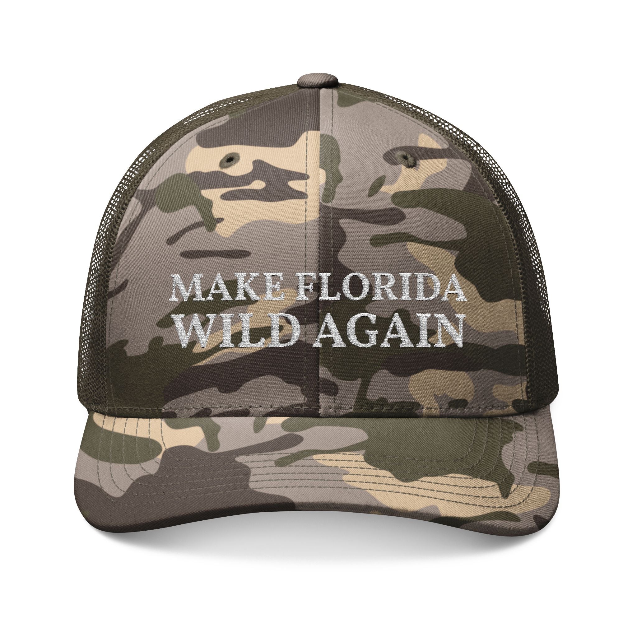 Camouflage Trucker Hat — "Make Florida Wild Again" Embroidered Mesh Cap